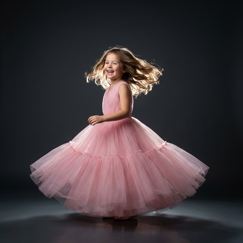 Happy girl whirling in pink tulle dress